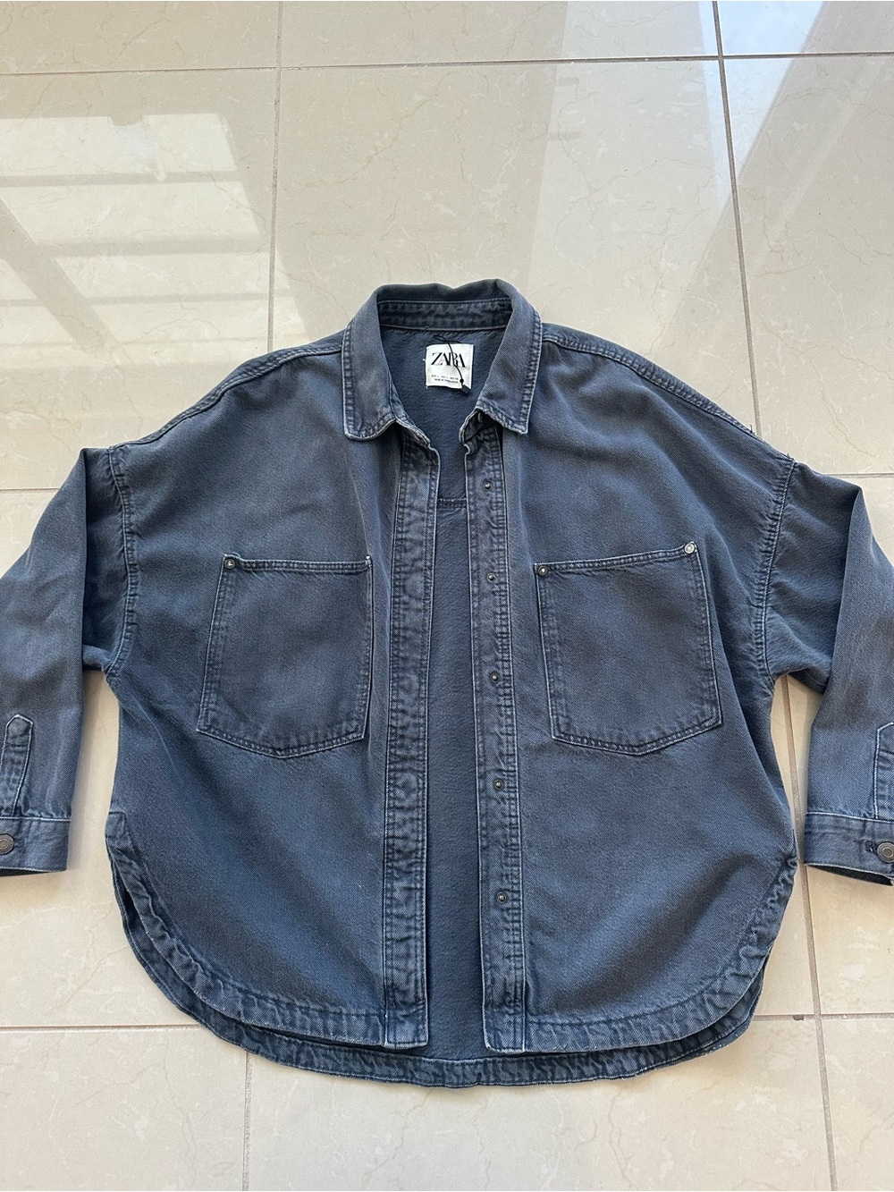 Zara Oversized Cotton Dark Gray Denim Jean Buttom-Up Workshirt (sz Large)